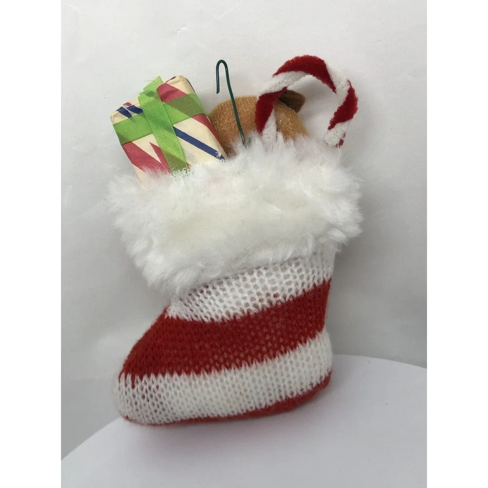 Vtg 1970s Handmade Teddy Bear And Stocking‎ Christmas Ornament 5